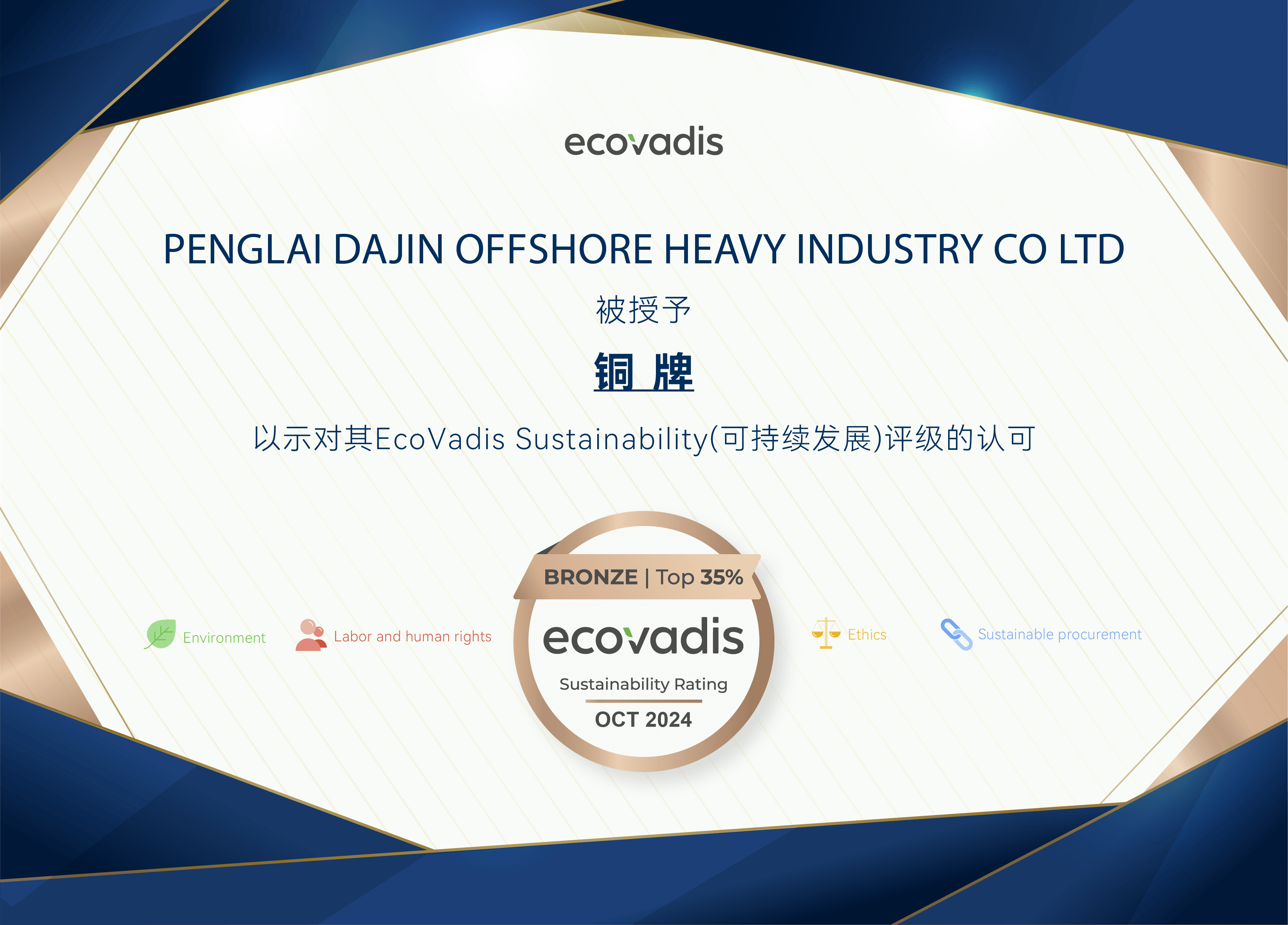 Dajin Heavy Industry Wins EcoVadis Bronze Medal for ESG Excellence!